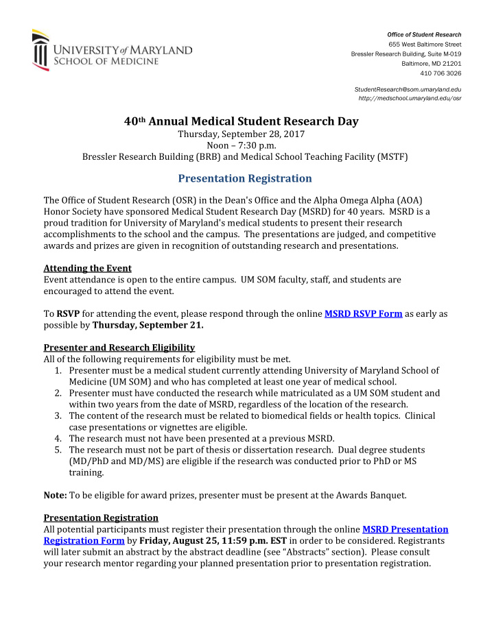 40 th annual medical student research day
