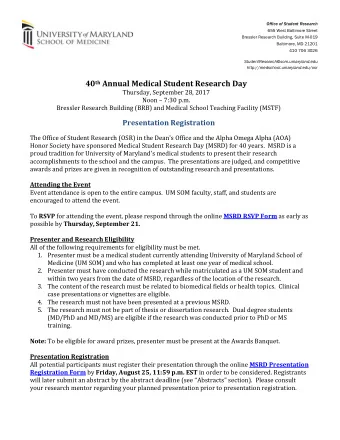 40 th Annual Medical Student Research Day  Thursday, September 28, 2017  Noon  7:30 p.m.