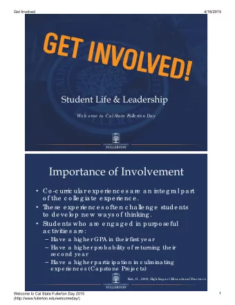 Importance of Involvement  Co -c urric ula r e xpe rie nc e s a re  a n inte g ra l pa rt  o f