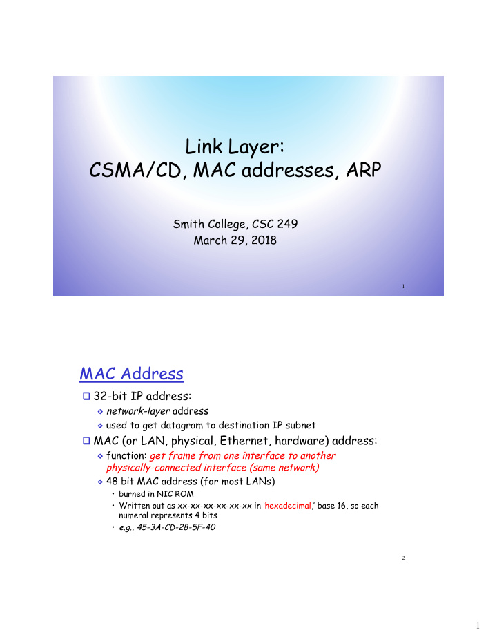 link layer csma cd mac addresses arp