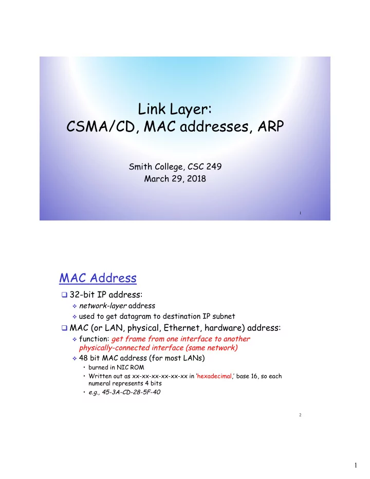 link layer csma cd mac addresses arp