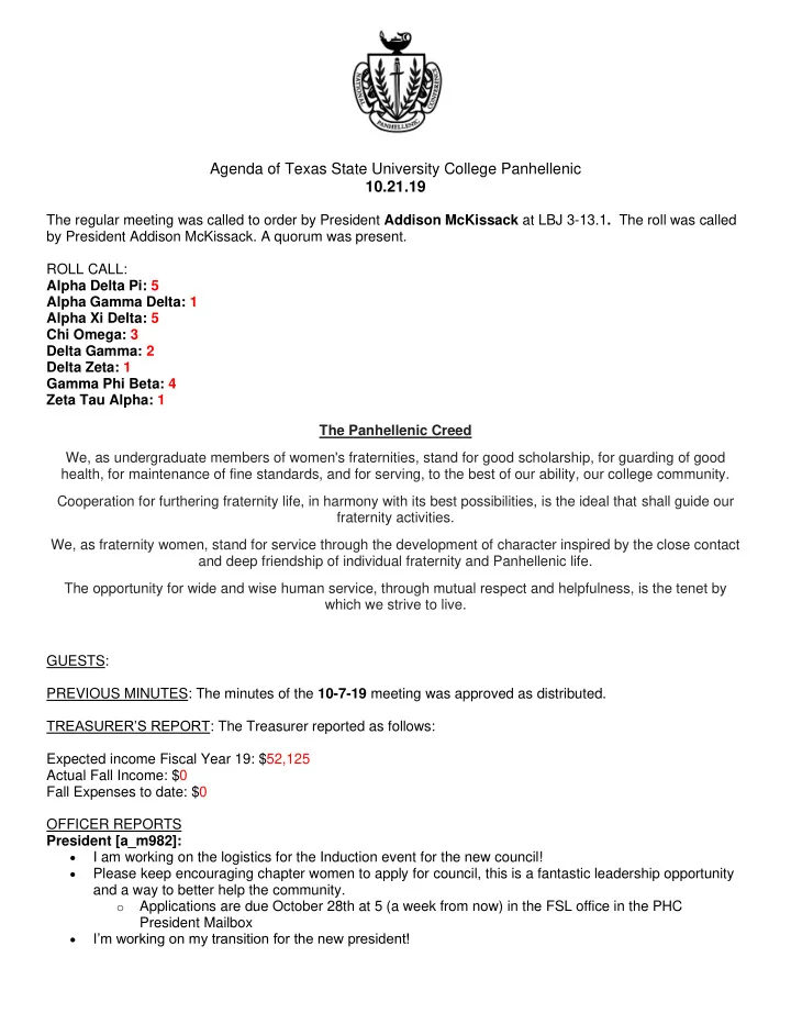 agenda of texas state university college panhellenic 10