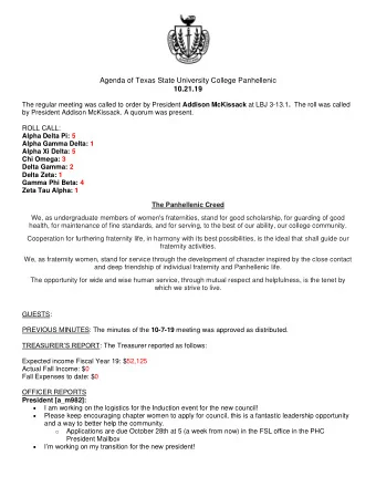 Agenda of Texas State University College Panhellenic  10.21.19 The regular meeting was called to