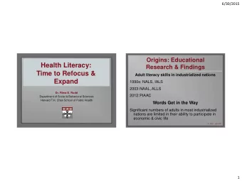 Health Literacy:  Research &amp; Findings  Time to Refocus &amp;  Adult literacy skills in