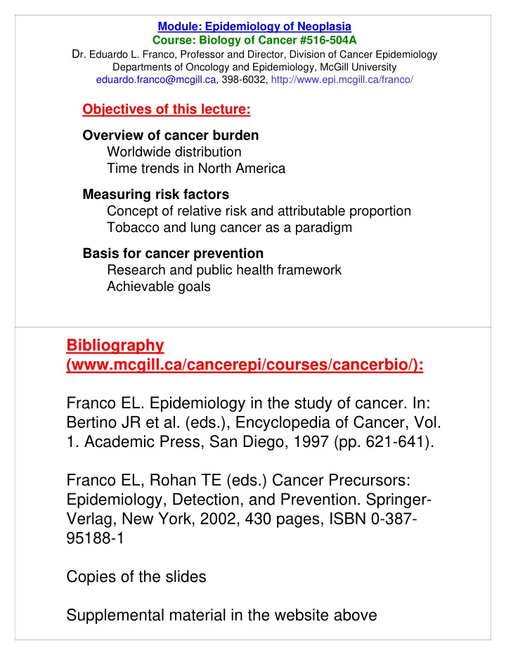 bibliography mcgill ca cancerepi courses cancerbio franco