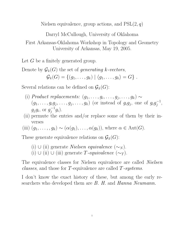 nielsen equivalence group actions and psl 2 q darryl