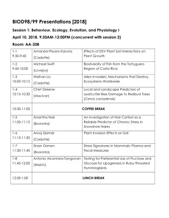 BIOD98/99 Presentations [2018]  Session 1: Behaviour, Ecology, Evolution, and Physiology I  April