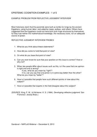 EPISTEMIC COGNITION EXAMPLES - 1 of 5  EXAMPLE PROBLEM FROM REFLECTIVE JUDGMENT INTERVIEW  Most