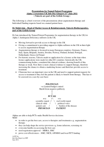 Presentations for Named Patient Programme Alpha 1 Awareness UK Info Day Glasgow 11 th June 2011  (