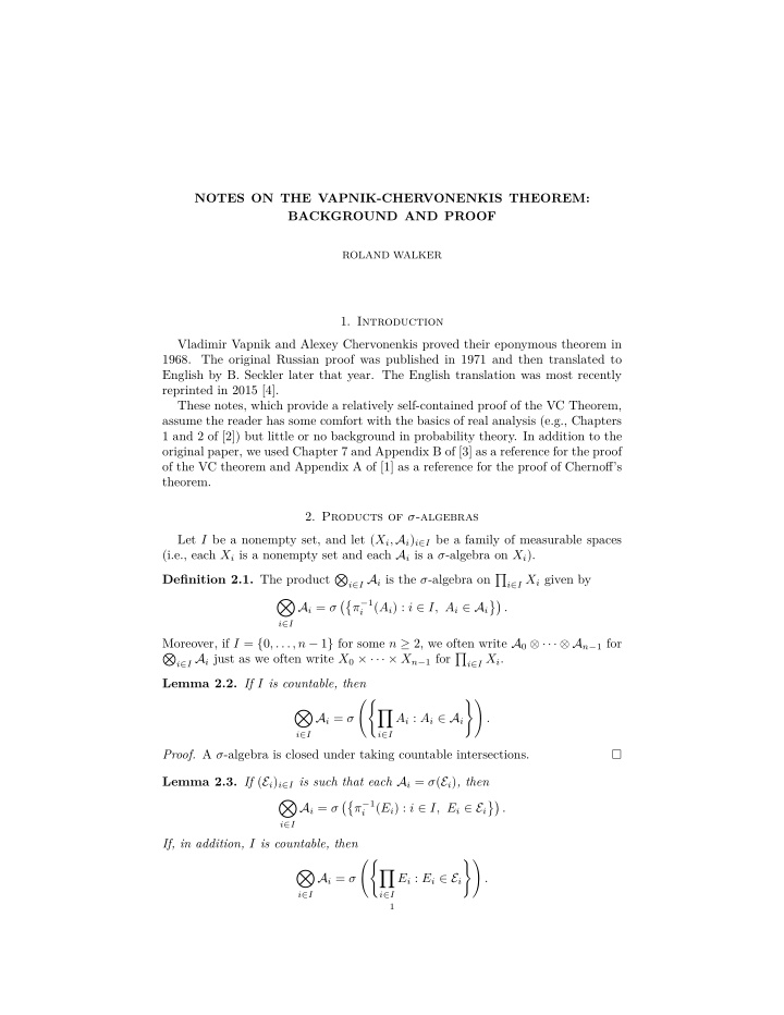 notes on the vapnik chervonenkis theorem background and