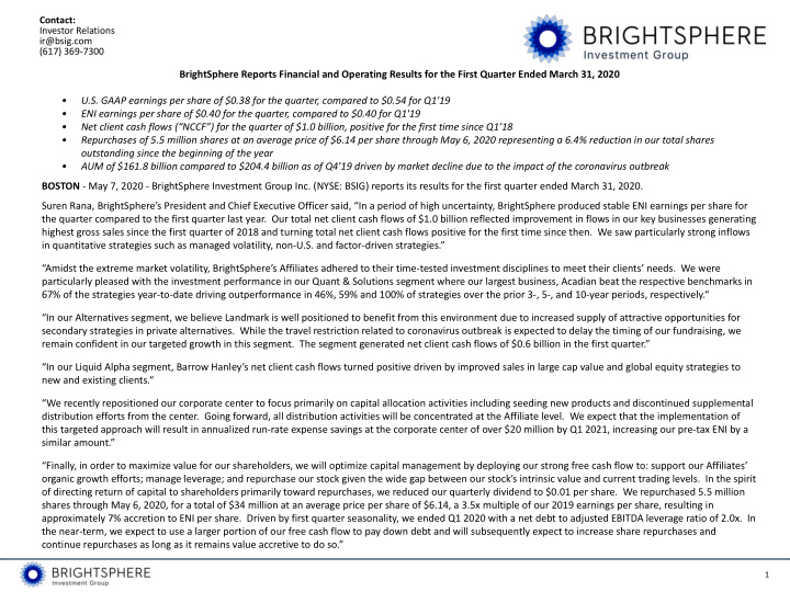 brightsphere reports financial and operating results for