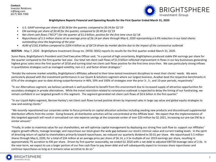 brightsphere reports financial and operating results for