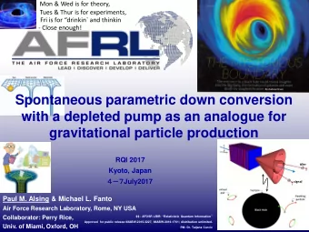 Spontaneous parametric down conversion  with a depleted pump as an analogue for  gravitational