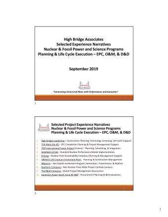 High Bridge Associates  Selected Experience Narratives  Nuclear &amp; Fossil Power and Science
