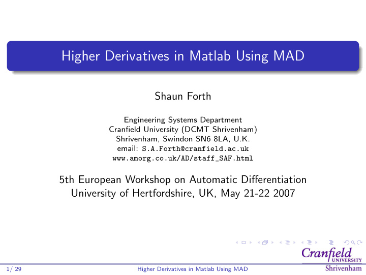 higher derivatives in matlab using mad