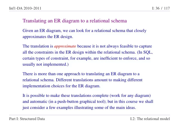 translating an er diagram to a relational schema