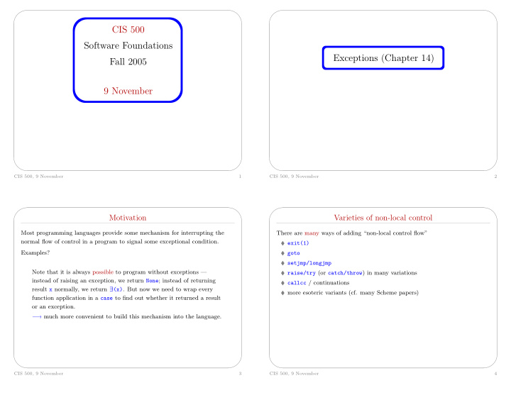 cis 500 software foundations exceptions chapter 14 fall