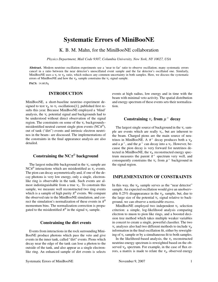 systematic errors of miniboone