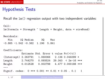 Hypothesis Tests Recall the lm() regression output with two independent variables:  Call: