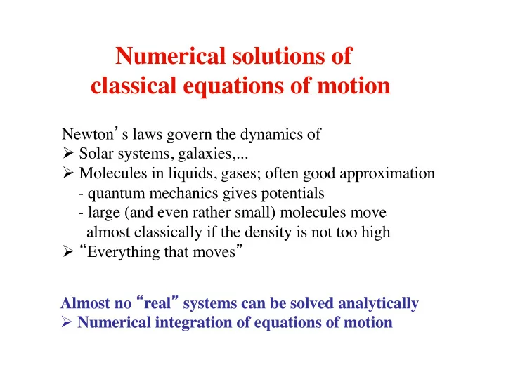 numerical solutions of classical equations of motion