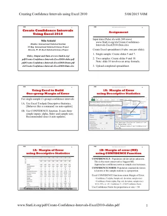 Creating Confidence Intervals using Excel 2010  5/08/2015 V0M  V0M  V0M  Create Confidence