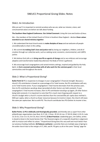 SNEUCC Proportional Giving Slides: Notes  Slide1: An Introduction  Who are we? It is important to