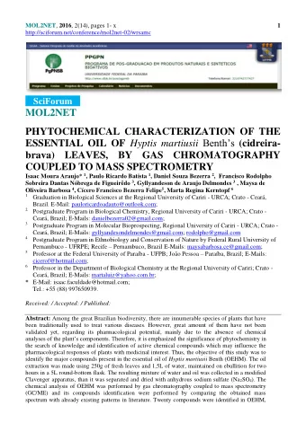 MOL2NET  PHYTOCHEMICAL CHARACTERIZATION OF THE ESSENTIAL OIL OF Hyptis martiusii Benths