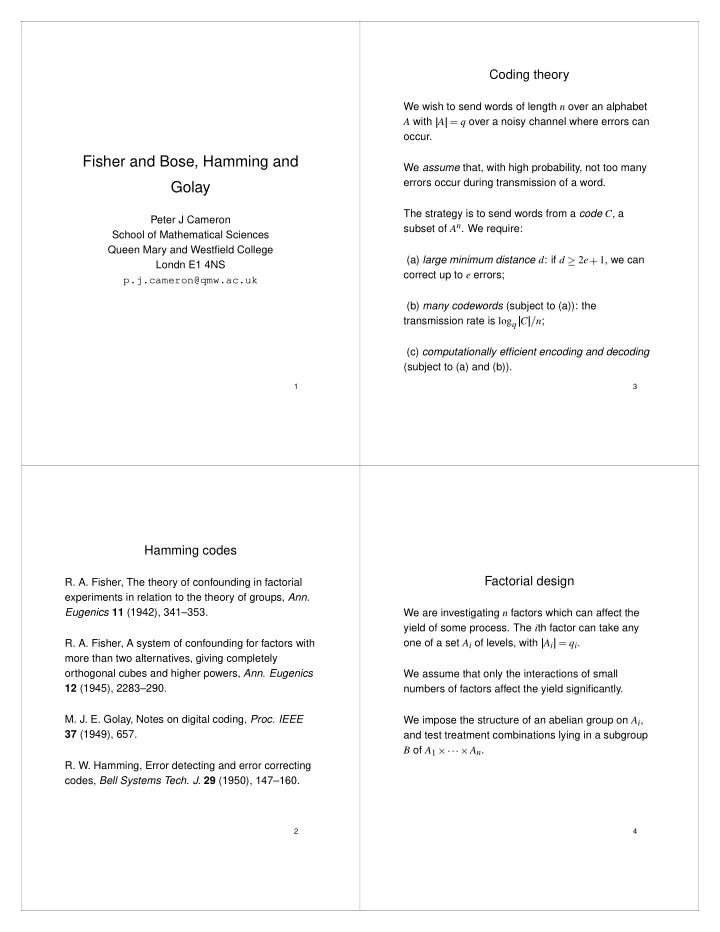 fisher and bose hamming and