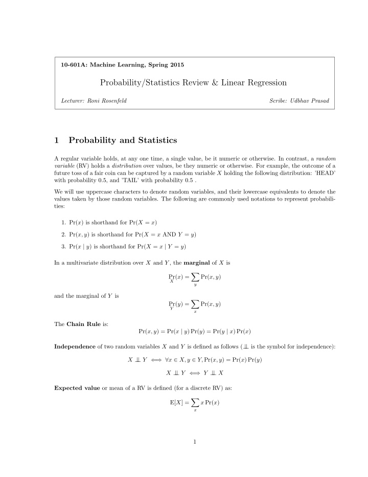 probability statistics review linear regression