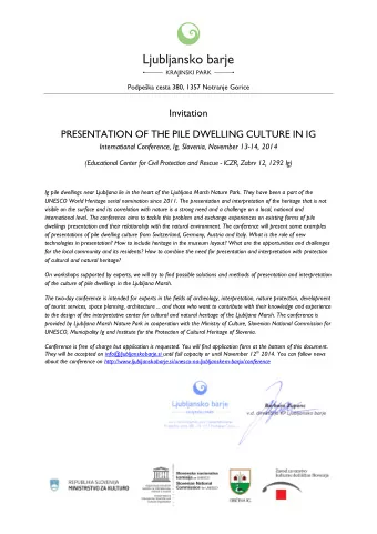 Invitation  PRESENTATION OF THE PILE DWELLING CULTURE IN IG International Conference, Ig, Slovenia,