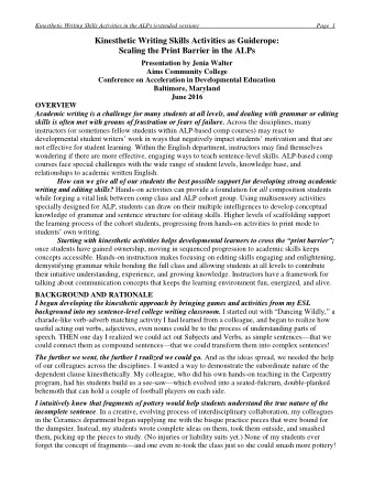 Kinesthetic Writing Skills Activities as Guiderope:  Scaling the Print Barrier in the ALPs