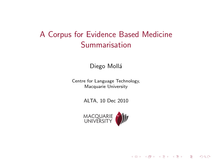 a corpus for evidence based medicine summarisation