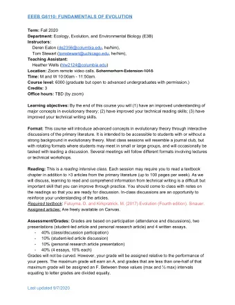 EEEB G6110: FUNDAMENTALS OF EVOLUTION Term:  Fall 2020 Department:  Ecology, Evolution, and