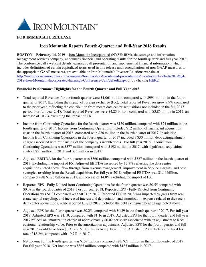iron mountain reports fourth quarter and full year 2018