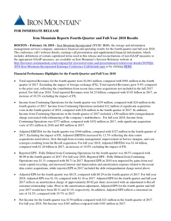 Iron Mountain Reports Fourth-Quarter and Full-Year 2018 Results BOSTON  February 14, 2019