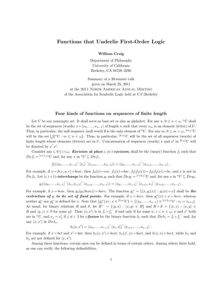 functions that underlie first order logic