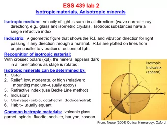 ESS 439 lab 2  Isotropic materials, Anisotropic minerals Isotropic medium: velocity of light is