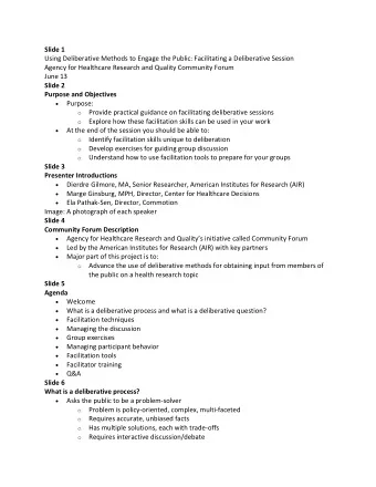 Slide 1 Using Deliberative Methods to Engage the Public: Facilitating a Deliberative Session Agency