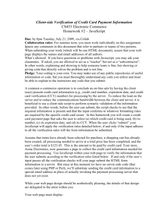 Client-side Verification of Credit Card Payment Information  CS453 Electronic Commerce  Homework #2