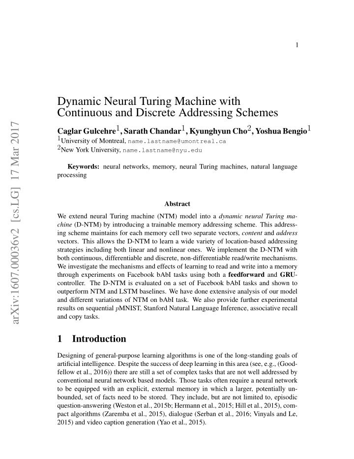 dynamic neural turing machine with continuous and