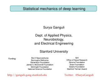Statistical mechanics of deep learning  Surya Ganguli  Dept. of Applied Physics,  Neurobiology,