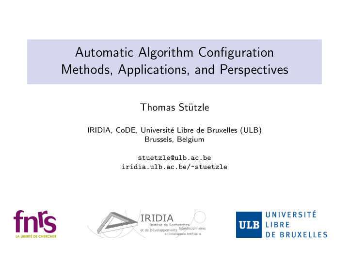 automatic algorithm configuration methods applications