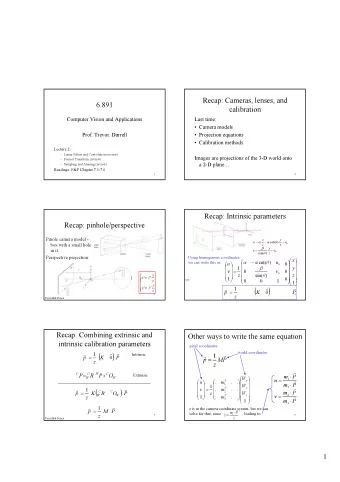 Recap: Cameras, lenses, and  6.891  calibration  Computer Vision and Applications  Last time: