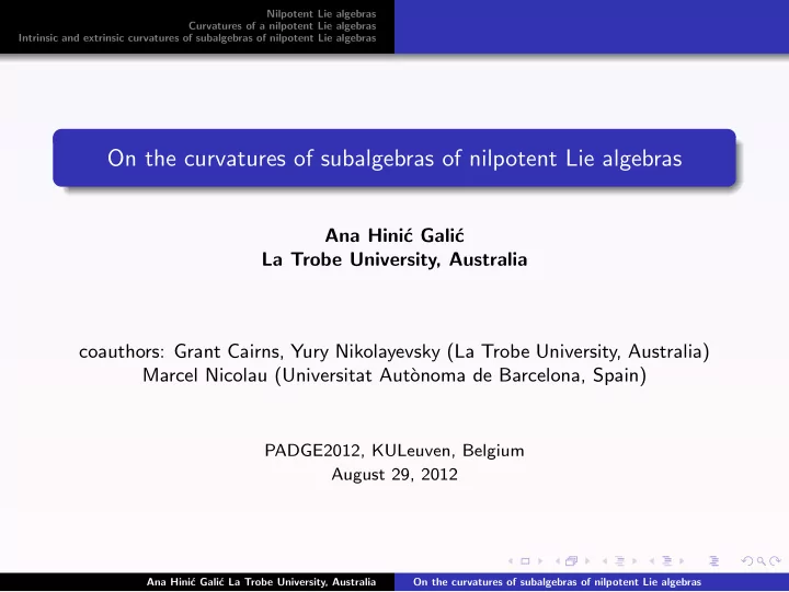on the curvatures of subalgebras of nilpotent lie algebras