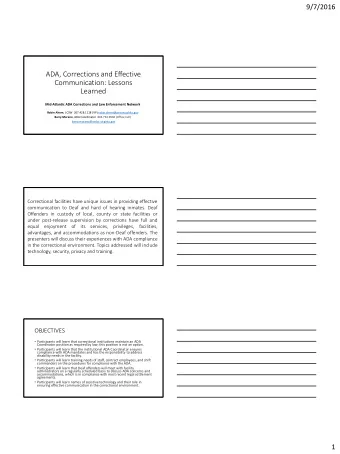 ADA, Corrections and Effective  Communication: Lessons  Learned  Mid-Atlantic ADA Corrections and