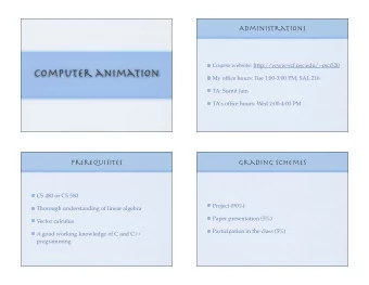 Computer animation  My office hours: Tue 1:00-3:00 PM, SAL 216  TA: Sumit Jain  TAs office