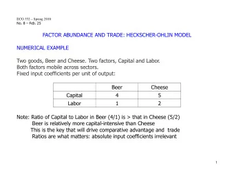 FACTOR ABUNDANCE AND TRADE: HECKSCHER-OHLIN MODEL  NUMERICAL EXAMPLE  Two goods, Beer and Cheese.