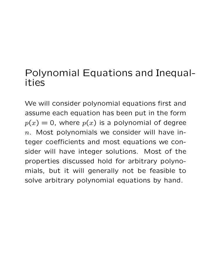polynomial equations and inequal ities