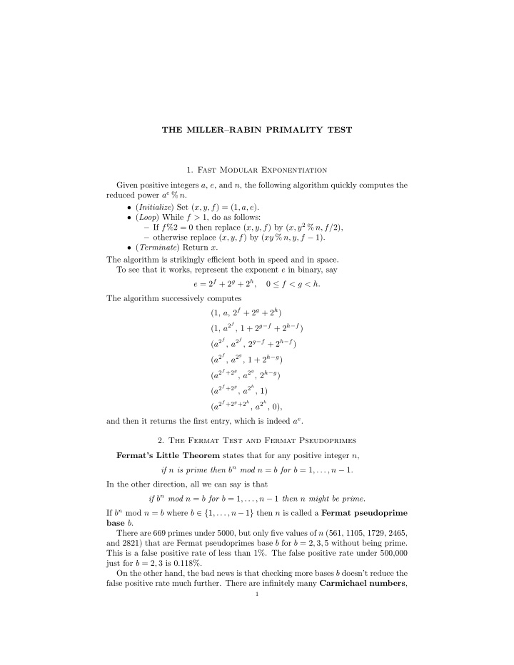 the miller rabin primality test 1 fast modular