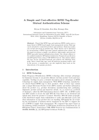 A Simple and Cost-effective RFID Tag-Reader  Mutual Authentication Scheme  Divyan M. Konidala, Zeen